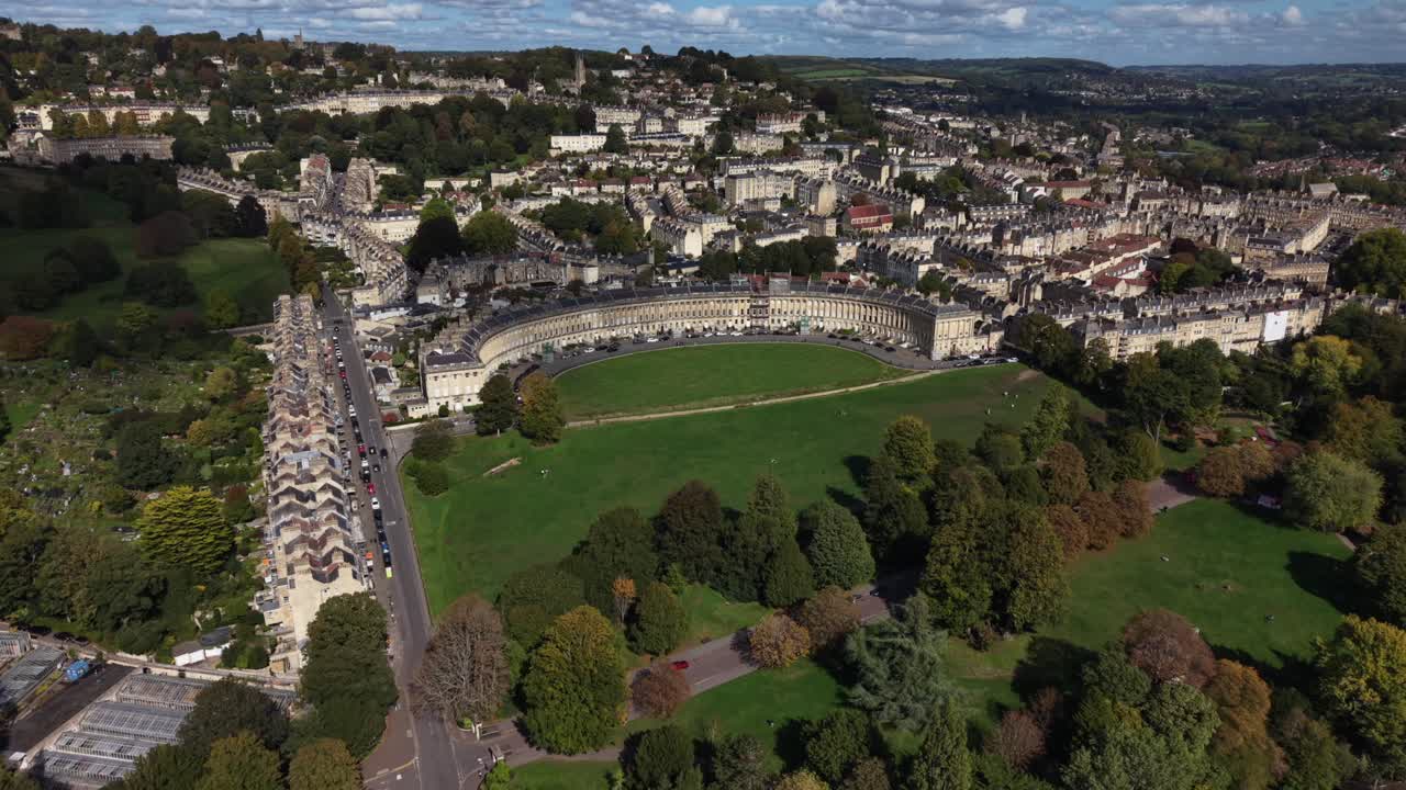 Drone shot of the famous Royal Crescent, Bath, England