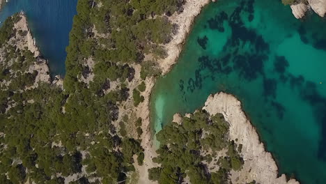 vertical video above small beach on cove, calanques de port pin, mediterranean sea