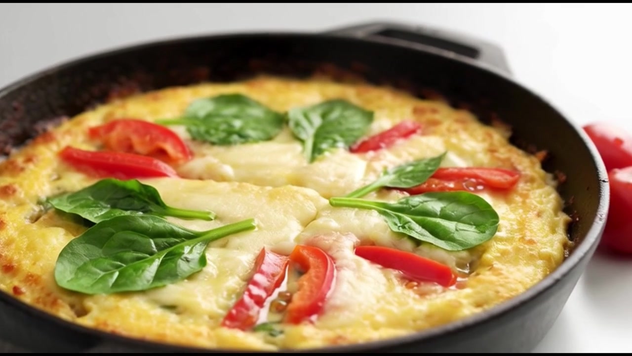 Nybakad frittata med spenat och röd paprika i en gjutjärnspanna