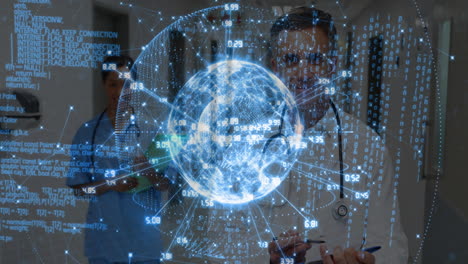 doctor and nurse analyzing patient data in hospital corridor, displaying holographic globe and code
