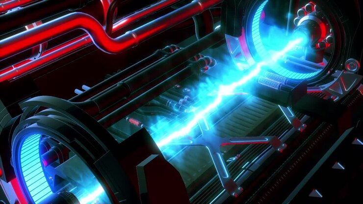 Primo piano di una macchina futuristica e intricata con energia blu luminosa che scorre al suo interno