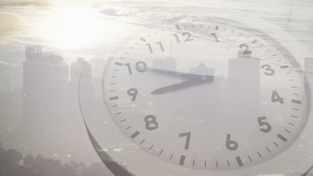 Sunlight brightening coastline starting semi-transparent clock hands rotating, showing time passing