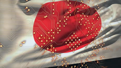 animation of flag of japan, digital data processing over computer circuit board