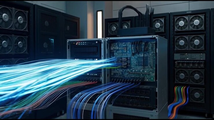 Data Flow Through Fiber Optic Cables in a Modern Server Room