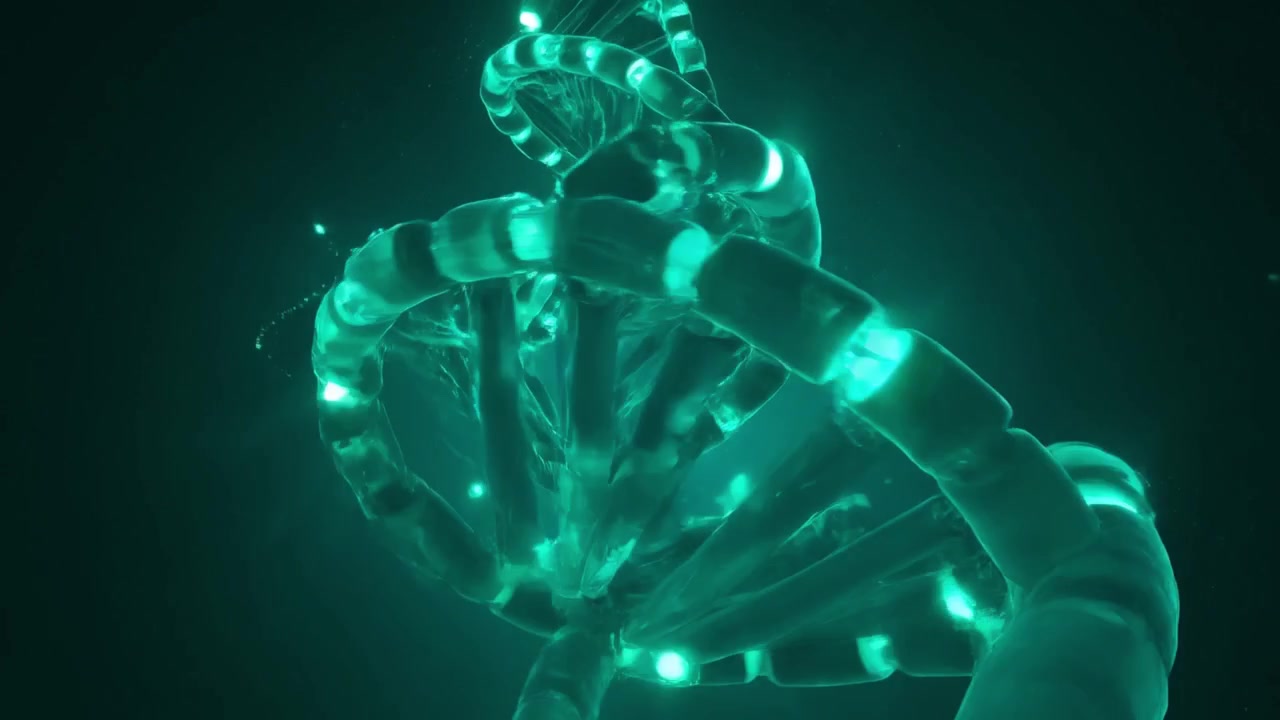 Glowing Green DNA Double Helix Rotating in Abstract Space