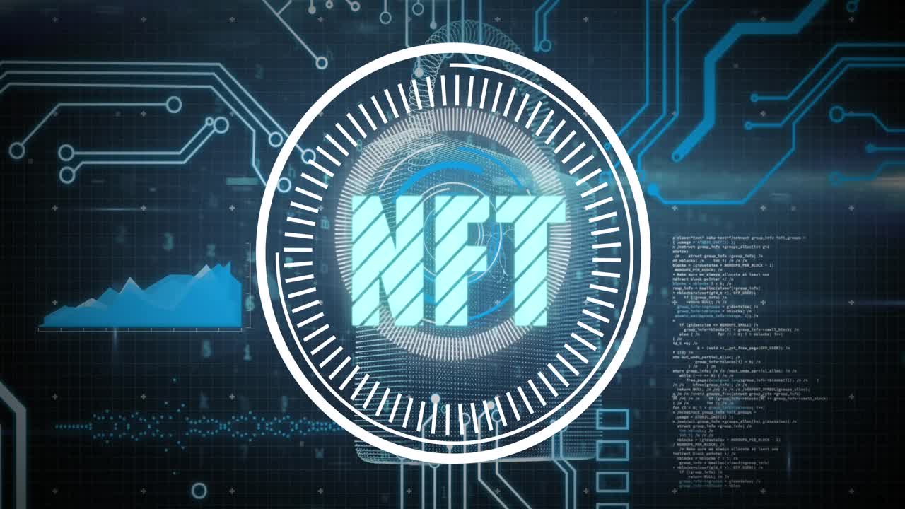 animación de la interfaz digital con alcance de escaneo y texto nft sobre fondo negro