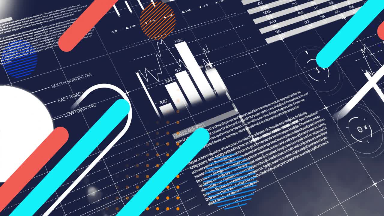 Abstrakt datavisualisering som viser et stort hvitt sektordiagram med candlestick-markører på et blått rutenett.