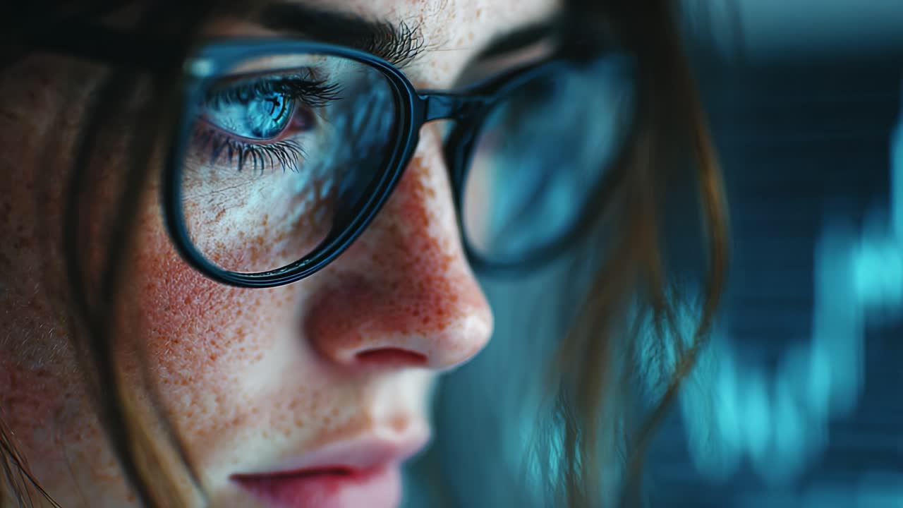 An Intense Moment of Focus: Captivating Close-Up of a Young Woman with Freckles and Glasses, Immersed in Thought and Observation, Revealing Depth and Emotion