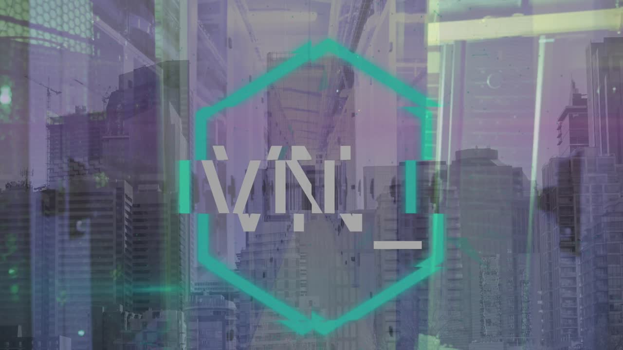 animación de texto nft sobre el paisaje urbano y la sala del servidor.