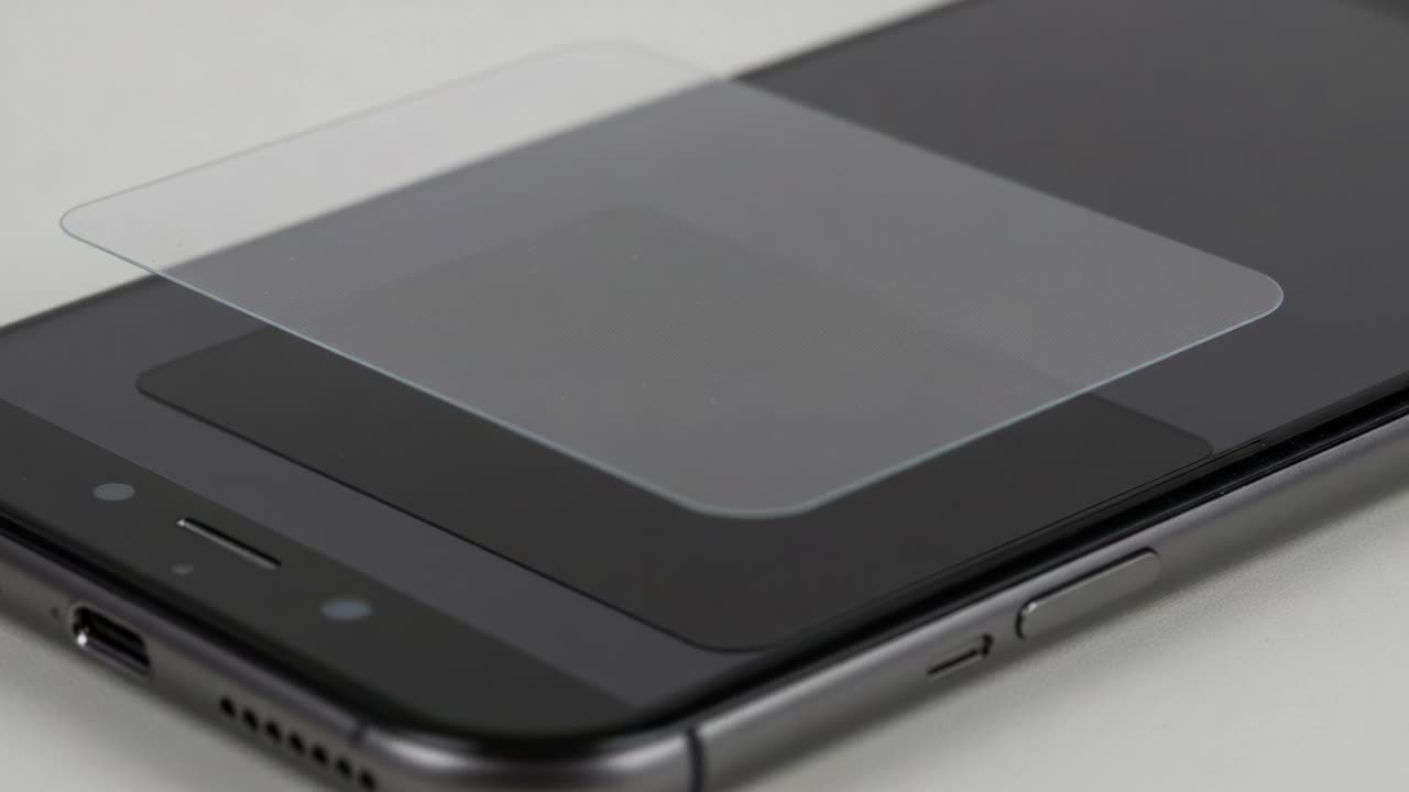 Detailed Examination of a Smartphone with a Transparent Screen Protector Being Applied, Highlighting the Careful Process of Device Protection