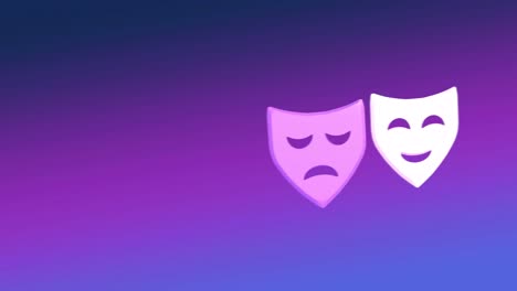 animación de máscaras tristes y felices moviéndose sobre un fondo azul