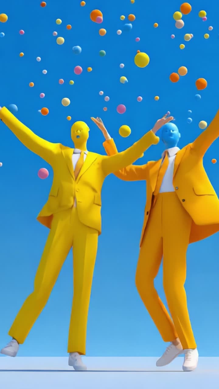 Two Colorful Animated Characters in Vibrant Suits Celebrating Amidst Floating Colorful Orbs Against a Clear Blue Sky Background
