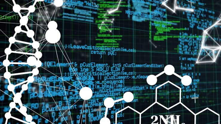 Dna structure, network of connections and data processing against black background