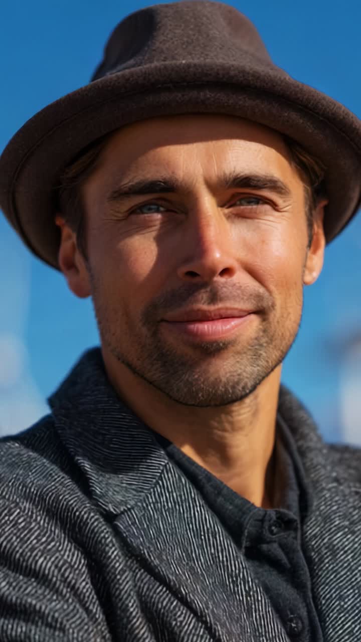 Selvsikker mand med stilfuld hat og frakke, der smiler varmt mod en klar, blå himmel baggrund og udstråler positive vibes og charmerende personlighed