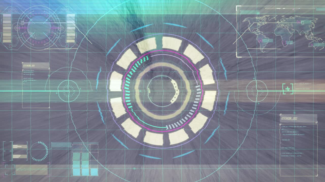 rastros de luz y efecto de falla contra el escáner de neón redondo y la interfaz digital con el procesamiento de datos