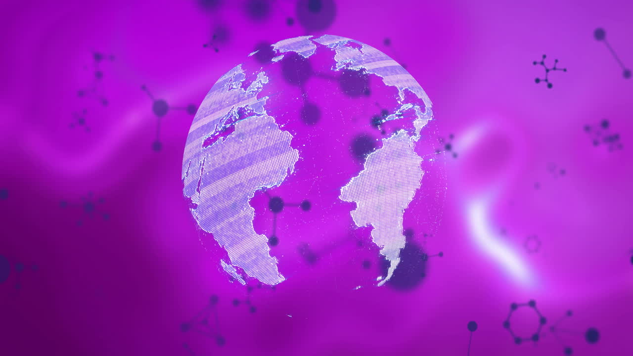 Animation of digital globe with molecular structures on vibrant purple background