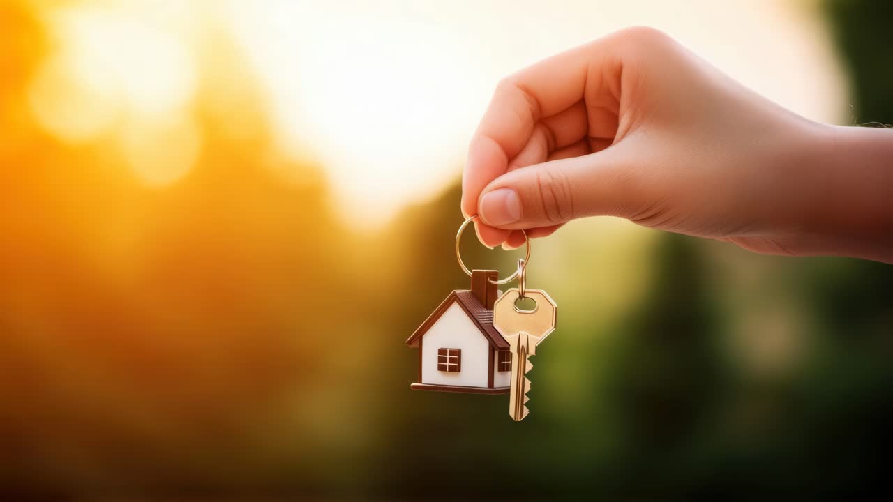 Close-up shot of a hand holding a key with a house keychain, set against a blurred, sunlit