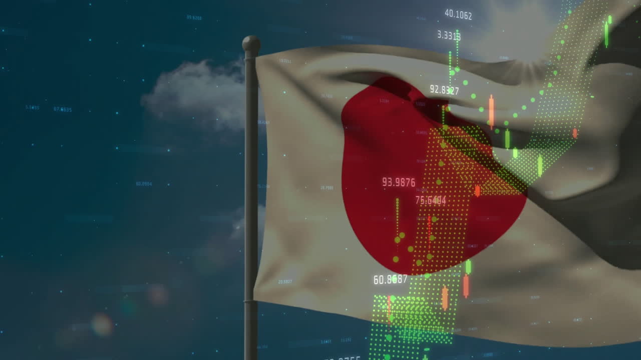 Japanese flag waving with financial data and stock market animation overlay