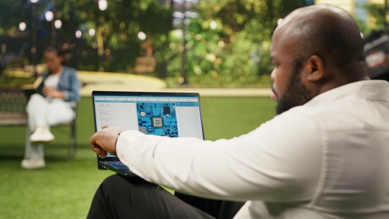 Forretningsmand bruger software med mikrochip og printplade-interface