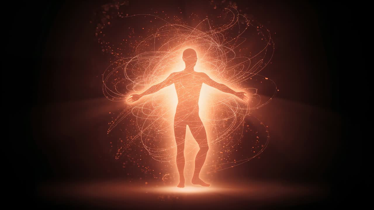 Pulsing glowing figure rotating and stepping right on round plinth on stage as aura rising sparking