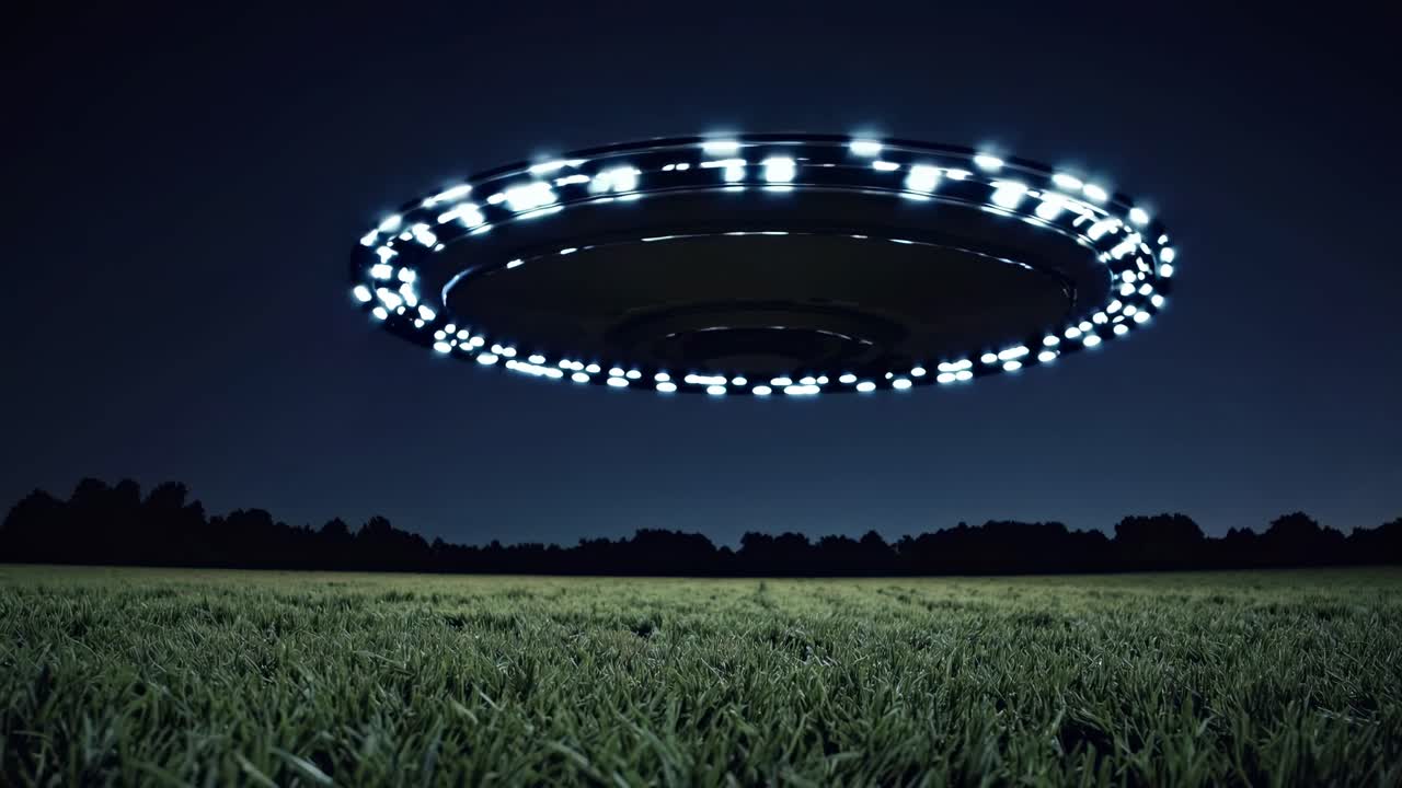 A mysterious UFO hovers over a dark field, emitting bright lights