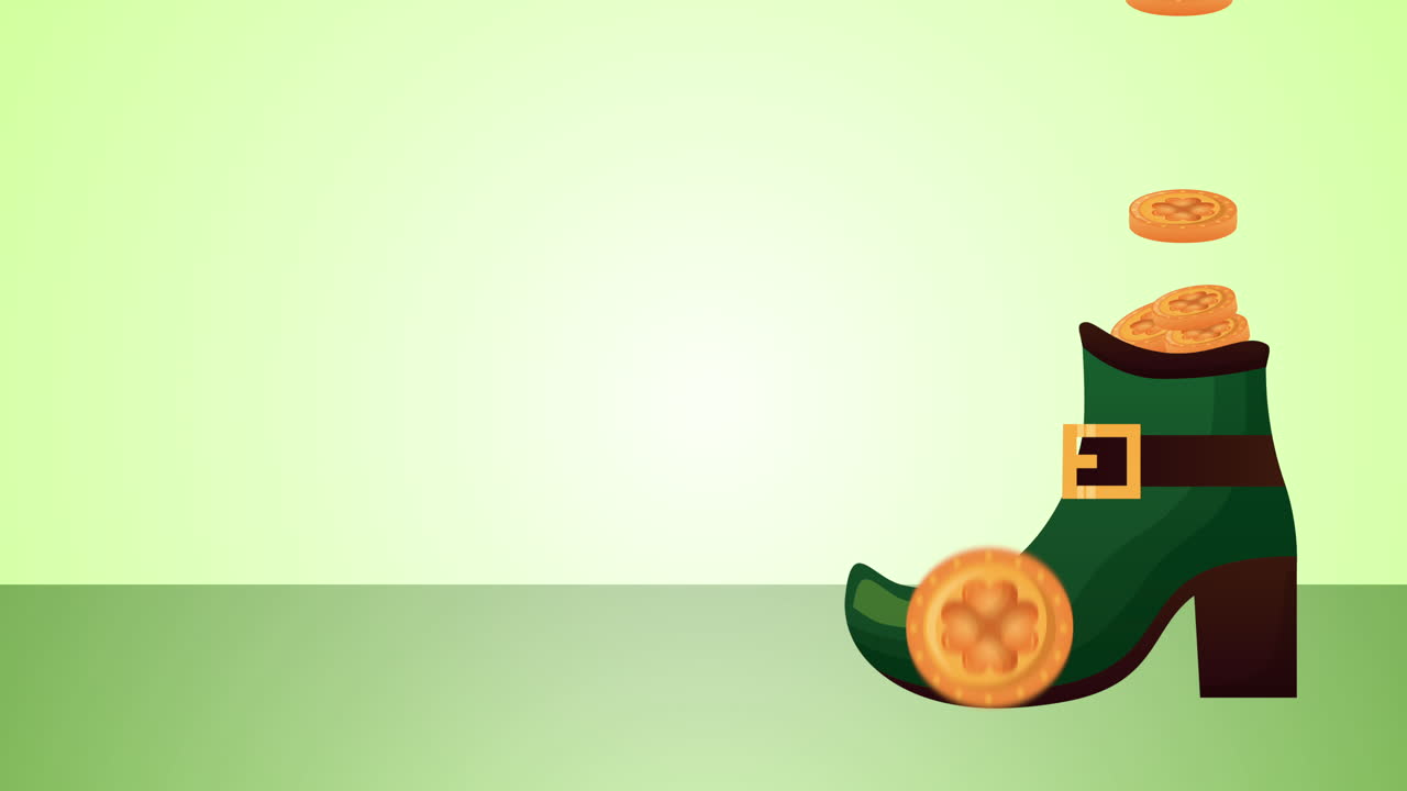 tarjeta animada del día de san patricio con botas de elfo y monedas