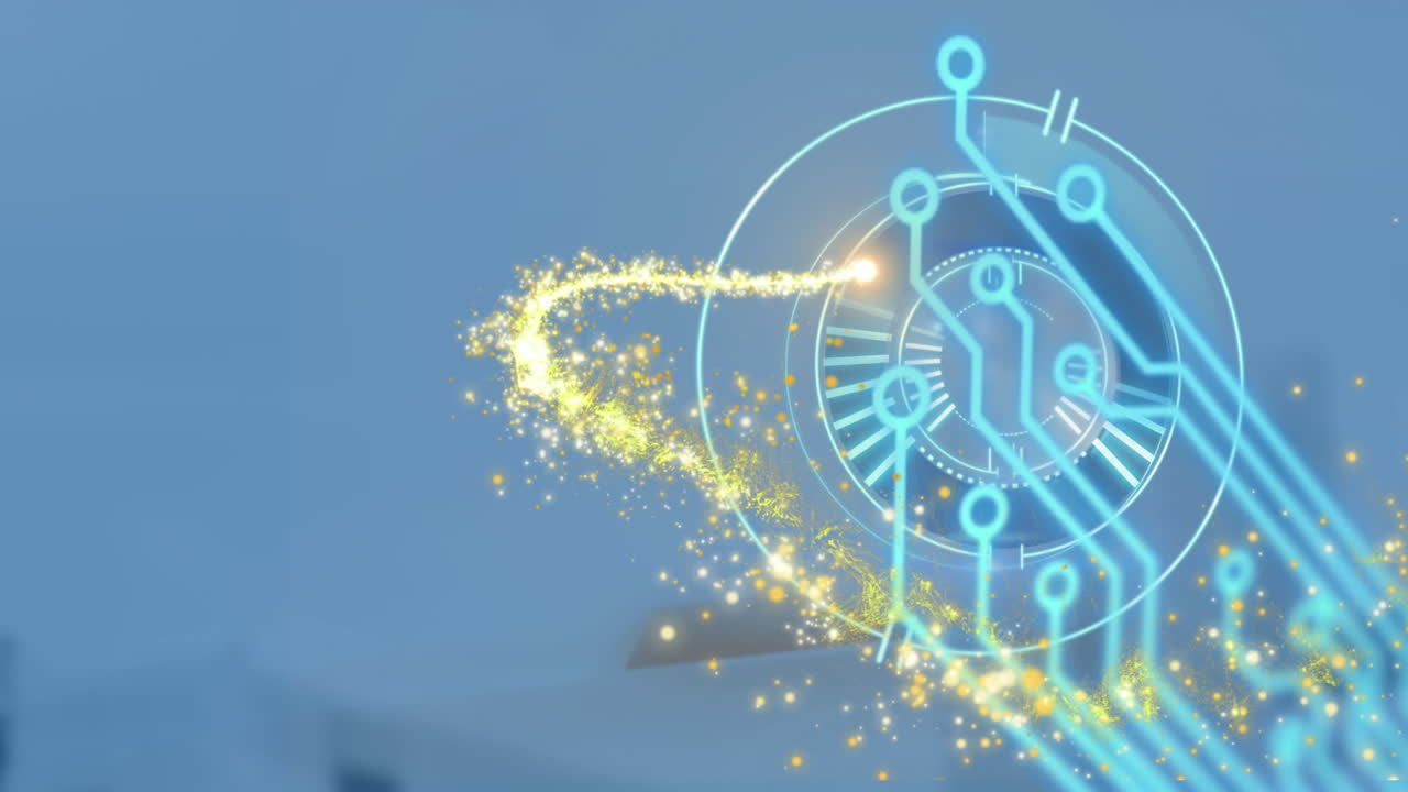 파란색 배경의 별 위에  ⁇ 는 별, 컴퓨터 회로 보드 및 스 ⁇  스캔의 애니메이션