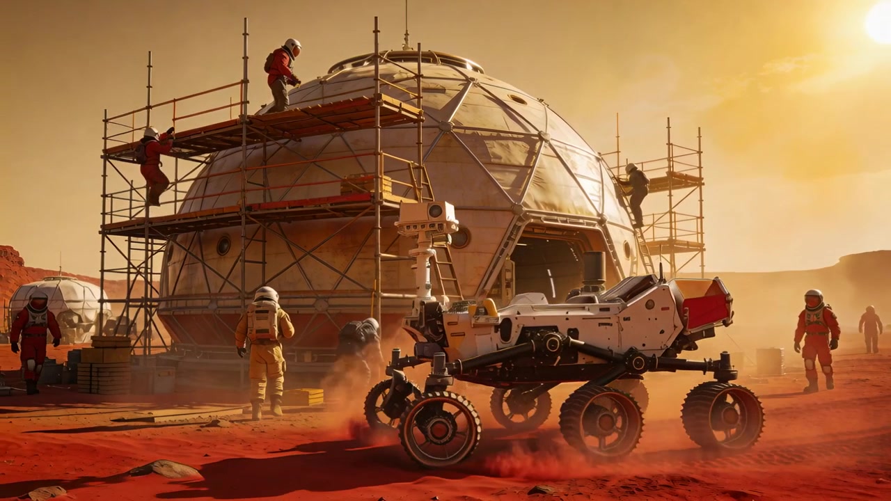 Kicking red dust, rover rolling near geodesic dome on red plain, crew assembling habitat in suits