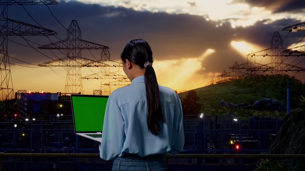 vista trasera de una trabajadora profesional asiática de pie cerca de la torre de alto voltaje, instalación industrial, escribiendo en el teclado de la computadora portátil con pantalla verde y mirar la fábrica una vez