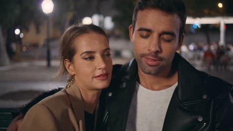 amorous people talking evening date on street closeup. relaxed lovers resting