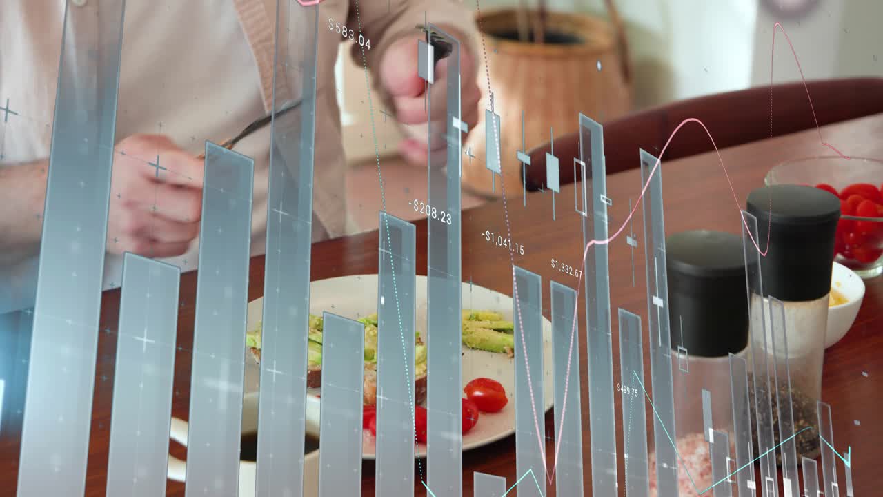 Man picking grinder, grinding and cutting avocado toast, preparing meal, finance charts overlaying