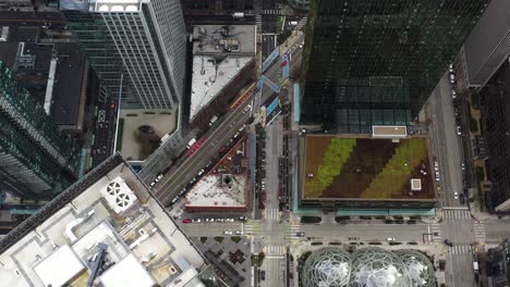 Overhead-aerial-of-Amazon's-many-building-in-Seattle's-South-Lake-Union-neighborhood