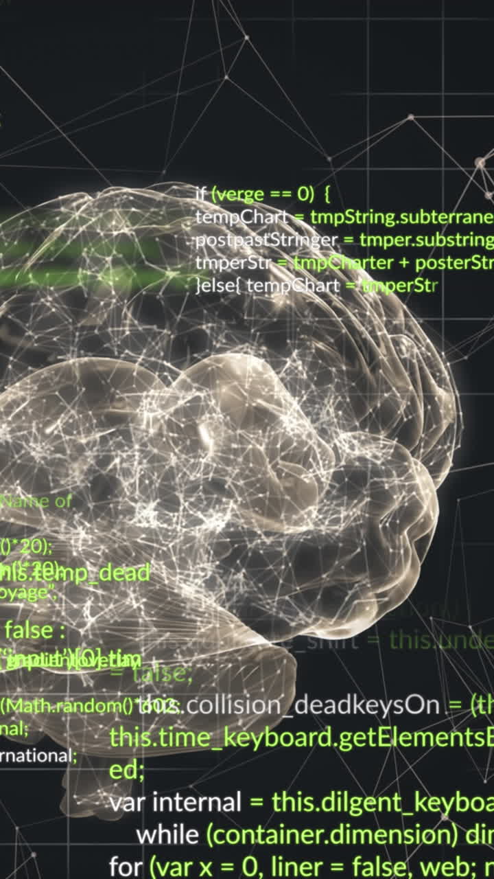 Animation of digital brain and data processing on black background