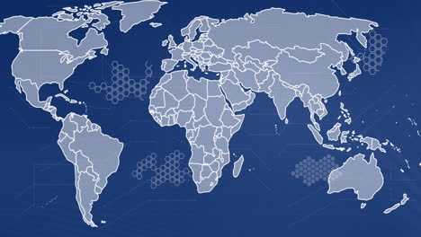 world map with hexagonal patterns, global network connections animation