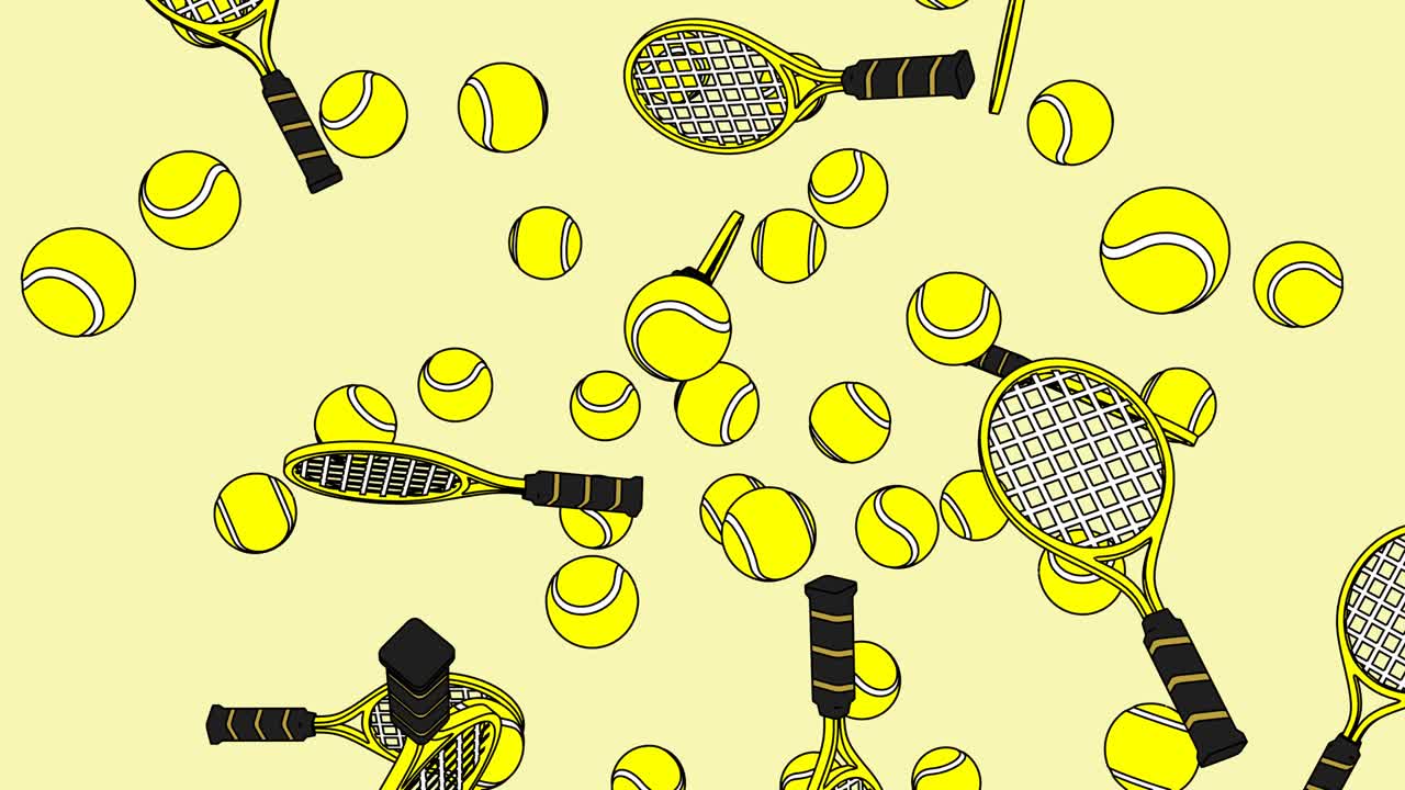 노란색 배경에 노란색 테니스 공과 테니스 래켓을 그렸습니다.