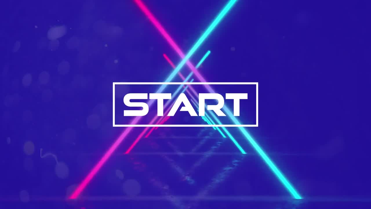 Animation of start text over neon lines and purple background