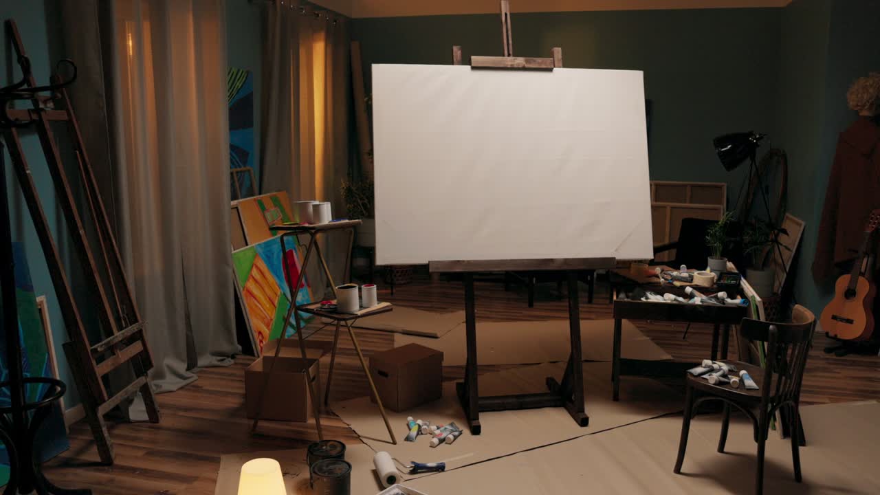 un espacio de trabajo, un estudio de un pintor, un artista con un gran caballete con un lienzo en el medio de la habitación. alrededor del lienzo esparcidas pinturas, pinceles, cajas de cartón, un lío