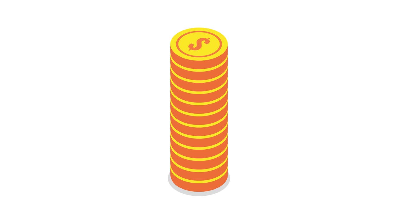 Stacks of gold coins. Isometric loop animation on white background. 4K resolution.