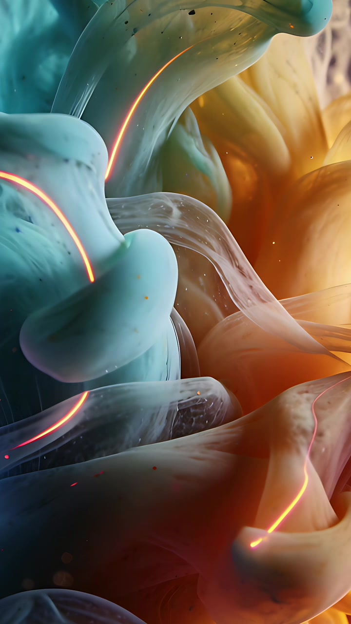 Video verticale: Divisione iniziale che crea pennacchi verde acqua e arancioni che si piegano in nastri CGI e puntini al neon