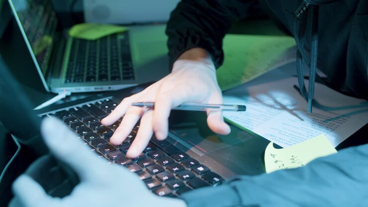 Primo piano di un hacker irriconoscibile a tarda notte che digita su un portatile