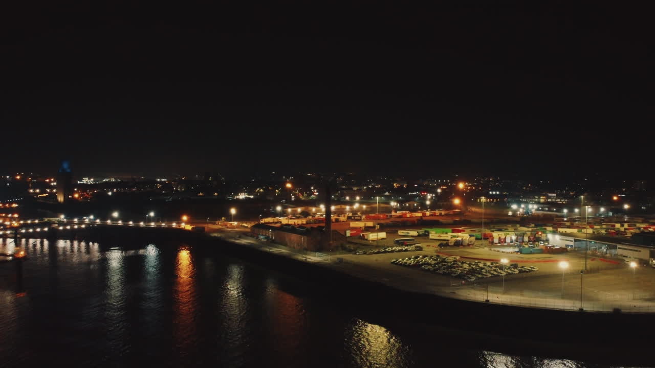 Aerial drone view of Liverpool city and Port at night