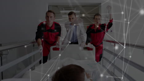 la animación digital muestra el equipo médico y el concepto de red global en un entorno hospitalario.