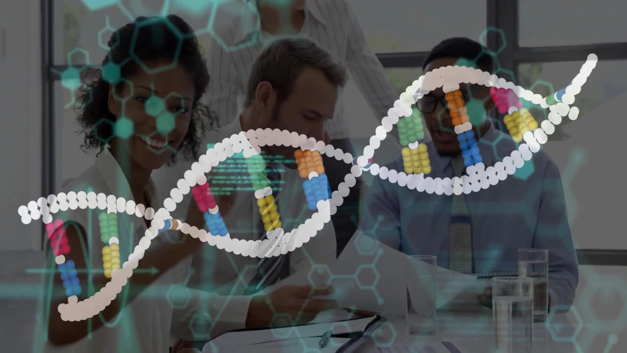 Seated team members reviewing science data reports as animated DNA helix and code appearing