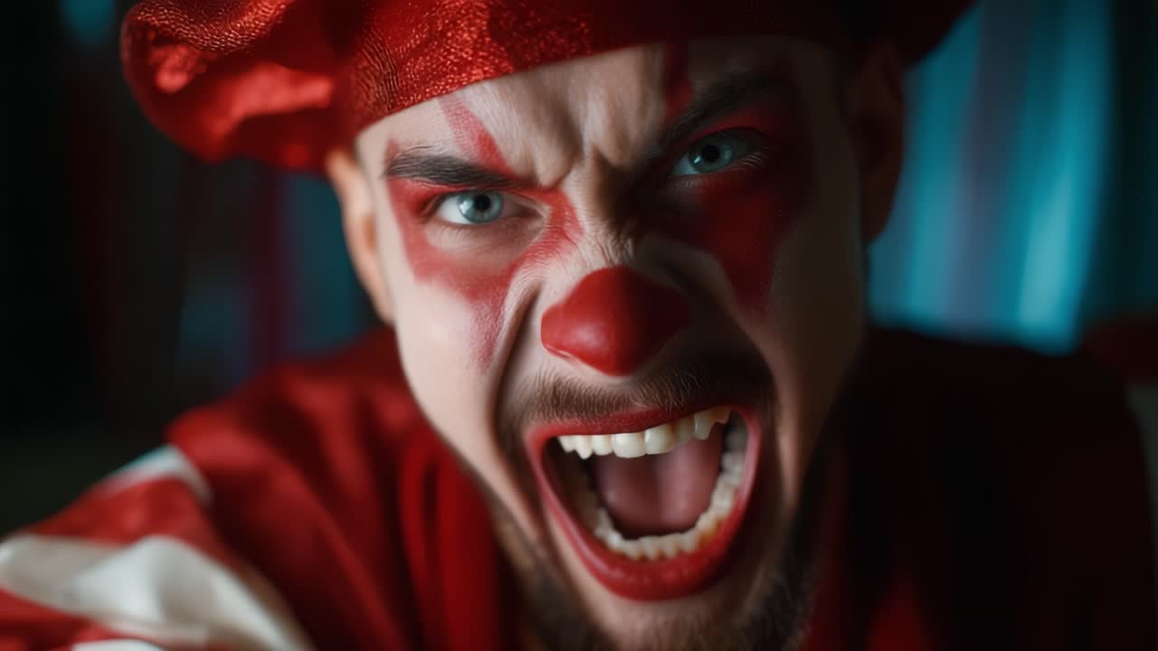 Fierce Clown Expresses Intense Emotion in Two Dramatic Frames Capturing Raw Energy and Compelling Facial Expressions of a Characterized Performer