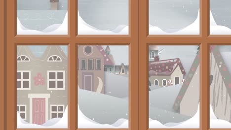 animation of window and snow falling over houses and winter landscape at christmas