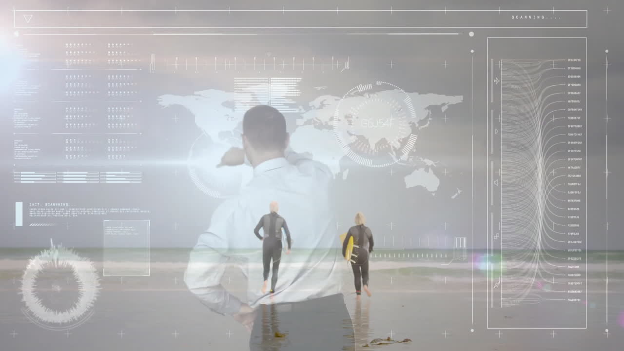 Analyzing digital world map overlay, businessman focuses on animation at office