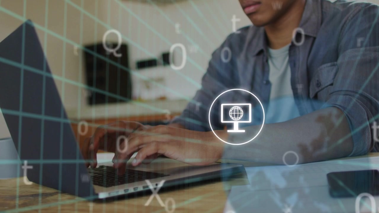 Uomo che digita al laptop sulla scrivania, avviando una griglia e poi icone di app pulsanti che si sovrappongono a un riquadro per il business
