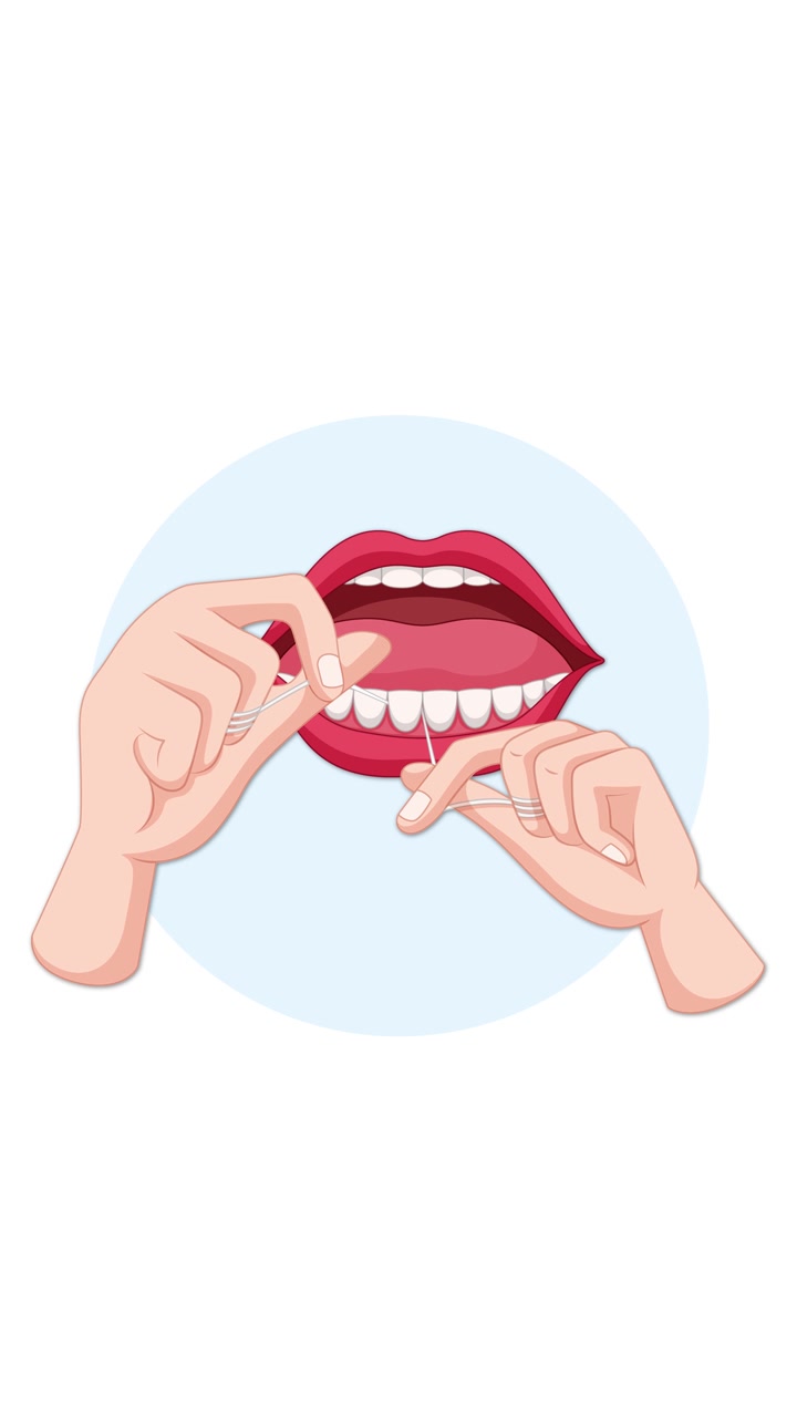 Vector animation illustrates hands using dental floss between teeth in a mouth, emphasizing correct flossing motion with clean, bright lighting and centered composition