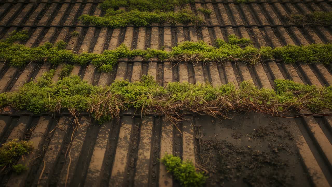 Sliding camera capturing damp corrugated rooftop panels, revealing moss grass patches and dark soil