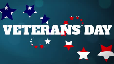 animation of words veterans day with u.s. flag coloured stars forming a snail